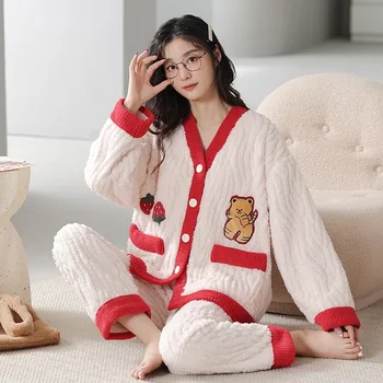 Высококачественные удобные мягкие пижамные комплекты нижнего белья из кораллового бархата для женщин Sleep & Lounge Размер с длинным рукавом M L XL 2XL 3XL