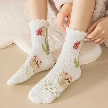 Эластичные носки Женские носки с принтом тюльпана Mid-tube Coral Fleece Мягкие теплые впитывающие пот Противоскользящие эластичные повседневные для зимы
