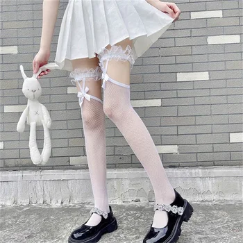 Кружевные подтяжки Лолита Чулки С Бантом Бедро Чулочно-носочные изделия Женщины JK Harajuku Сексуальные сетчатые носки