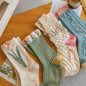 2023 Новые женские носки Тюльпан в корейском стиле Цветок Повседневный хлопковый носок для девочек Оборки Оборки Милые сладкие дышащие носки Kawaii Crew