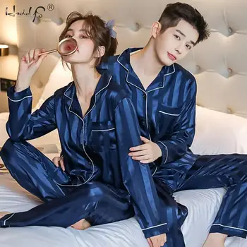  пара пижама полосатая шелковая пижама набор атласные шелковые полоски с длинным рукавом пижамы мужчины / женщины повседневные любовники ночное белье