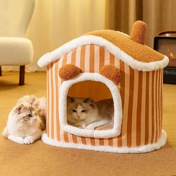 Складная собачья будка для кошек и маленьких собак Закрытая теплая плюшевая кровать-гнездо со съемной подушкой Крытая палатка для домашних животных