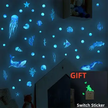 2PCSBlue Fish Светящиеся Настенные Наклейки Светящиеся В Темноте Подводный Мир Настенные Наклейки Для Ребенка Детская Комната Детская Спальня Домашний Декор