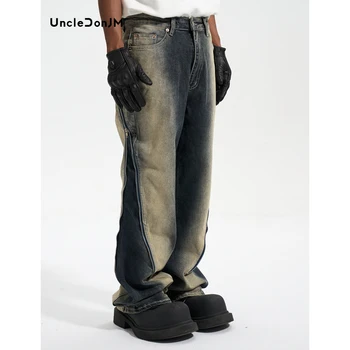 UncleDonJM Большая застежка-молния Градиент Стиранные джинсы Повседневные расклешенные джинсы Moto & Biker Потертые джинсы для мужчин Мужские джинсы Y2k Dropsh