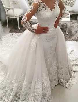 2023 Новое съемное свадебное платье для арабских женщин Элегантная русалка Кружевная аппликация Свадебное платье Халат с длинным рукавом Vestidos De Mujer