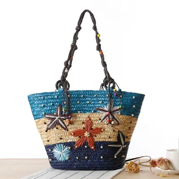 Модная соломенная сумка большой емкости Дизайнерские женские сумки Вышивка Морская звезда Тканая повседневная летняя пляжная сумка 2023