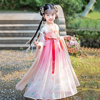 2022 Новое летнее платье для девочек в китайском стиле Маленькие девочки Super Fairy Ru Юбка в стиле Тан Античное платье Розовая подвеска с бабочкой