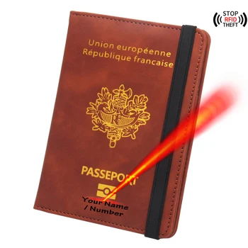 Франция Обложка паспорта Rfid Дорожный кошелек Лазерное украшение Имя на обложках Чехол для паспортов Passaporte Personalizado