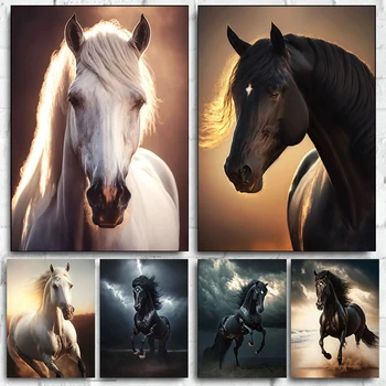 Черно-белые дикие лошади Картины на холсте Искусство Плакаты Принты Настенная картина Современные животные Искусство Декор комнаты Cuadros