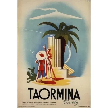 Таормина, Сицилия 1952 - Италия Итальянский Путешествия Большой Металлический Жестяной Плакат Знак Винтаж