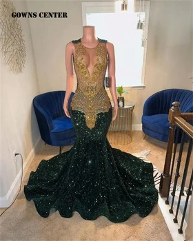 Темно-зеленые бархатные платья с пайетками и золотым кристаллом 2024 для черных девушек Роскошное выпускное платье Mermiad Party Платье Свадьба