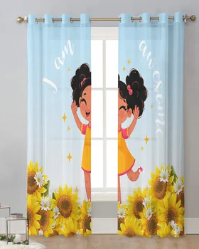 Положительная энергия Черная девушка Подсолнух Спальня Вуаль Занавеска Обработка окон Драпировки Тюлевые шторы для гостиной Прозрачные шторы