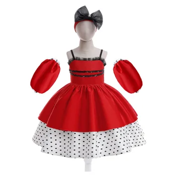 Спагетти Ремешок Короткое платье в красную точку Хэллоуин Косплей Атласное бальное платье Маленькая девочка Церемония рождения Одежда