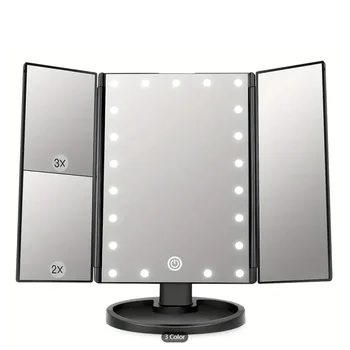 22 Светодиодное зеркало для макияжа 1/2/3X Увеличение Складной туалетный столик 180 Вращение Регулируемый бесступенчатый диммер Косметические настольные зеркала