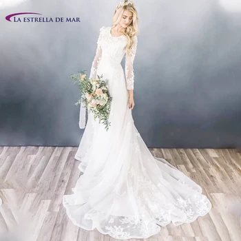 Длинные рукава Свадебные платья для женщин Платье невесты Кружево 3D Цветочная аппликация Совок Шея Vestidos De Mujer Mariee Boho Brautkleid Cou