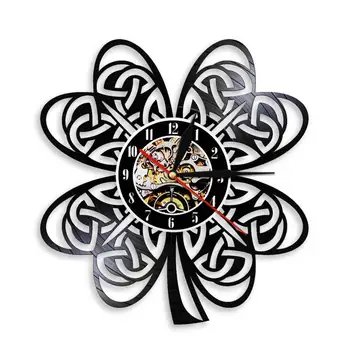 Ирландский четырехлистный клевер Растение Настенные часы Флаг Ирландии Специальный узел Ретро Винил Запись Настенные часы Ирландский День Святого Патрика Подарок на День Святого Патрика