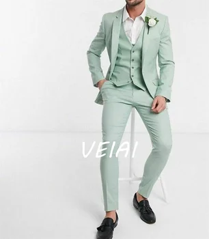 Мятно-зеленый с вырезом на лацкане Мужские костюмы Свадебный элегантный блейзер на заказ 2023 Модный дизайн 3 шт. Куртка + Брюки + Жилет Костюм