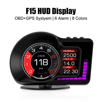  об/мин Манометр Ускоренный тест Спидометр Автомобиль Проекционный дисплей 6 Функции сигнализации F15 OBD GPS Двойная система HUD 8 цветов