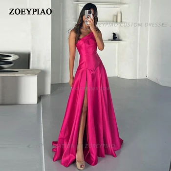 Fuschia Длинное атласное изготовленное на заказ вечернее платье принцессы 2023 A-Line на одно плечо без рукавов в пол элегантное вечернее выпускное платье