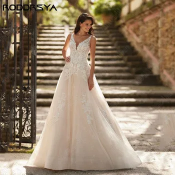 RODDRSYA Элегантное свадебное платье без рукавов с открытой спиной на 2024 год Аппликация невесты Свадебные платья А-силуэта Тюль с V-образным вырезом Vestido De Novia