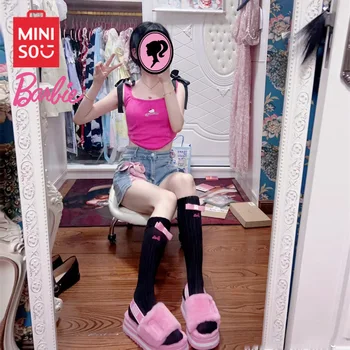 Miniso Barbie Series Носки Kawaii Girls Y2K Модные хлопковые вязаные женские носки Твердые милые длинные носки Harajuku Винтажная уличная одежда