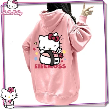 2023 Новый Sanrio Hello Kitty Женская толстовка с длинным рукавом Y2K с принтом Kt Cta Повседневная толстовка с капюшоном Свободный пуловер Топ Подарок