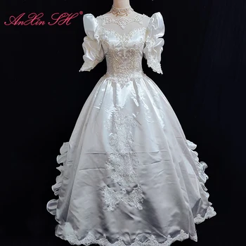 AnXin SH винтаж принцесса белый атласный цветок кружево на шее бисероплетение жемчуг короткий пышный рукав на шнуровке вечеринка антикварное свадебное платье