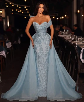 Блестящее светло-голубое красивое платье для вечеринки с элегантным отделным шлейфом из органзы Арабские длинные вечерние платья с открытыми плечами русалка