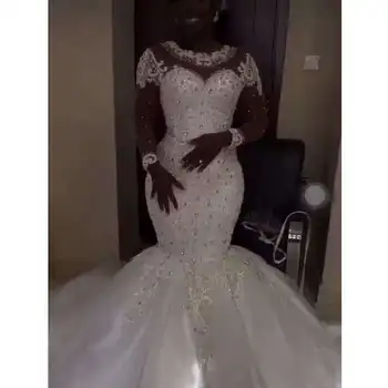 Fashion Africa Черные женщины Цветок Аппликация Рыбий хвост Свадебное платье Длинный рукав Большие размеры Сексуальные свадебные платья русалки
