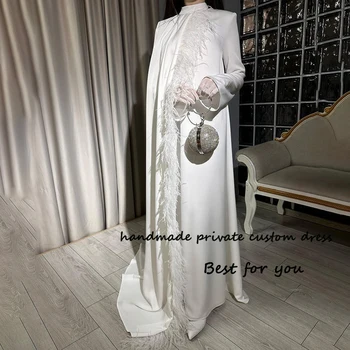 Белые вечерние платья с длинным рукавом и высоким воротником из перьев атласное арабское платье для выпускного вечера в Дубае со шлейфом свадебные платья для вечеринок