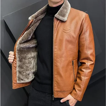  Зимняя мода Тепло Утолщенная кожаная куртка Лацкан Сплошной дизайн на молнии Плюс размер 4XL-M Пальто-бомбер Мужская кожаная куртка