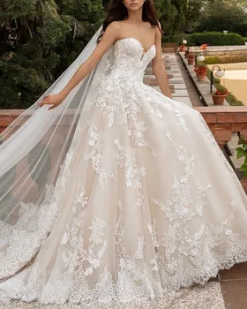 Помолвка Формальное свадебное платье 2023 Кружевные аппликации без бретелек Свадебные платья с открытой спиной Customed Vestidos De Noiva