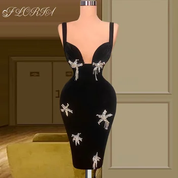 Элегантное коктейльное платье до колен Crystal Bead Spaghetti Бретели Черные короткие выпускные платья На заказ Robe de Bal