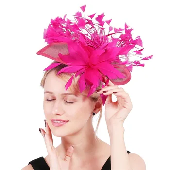 ярко-розовый Великолепная шляпа Fascinator с зажимами Элегантные женщины Причудливые перья Свадебные шляпы Свадебные аксессуары для волос Lady Millinery