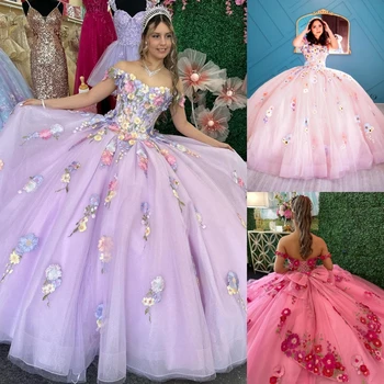 Многоцветное цветочное платье с вышивкой Quinceanera 3D кружевное съемное бальное платье из айвы с открытыми плечами корсет сладкий 16 день рождения