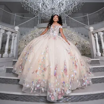 Lorencia 2023 Princess Quinceanera Платье Аппликации Кружево 3D Цветы Корсет Бисероплетение Кристалл Сладкий 16 Платье Vestidos XV Anos YQD352