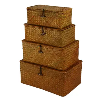 Корзины для хранения Seagr с крышками, плетеные прямоугольные корзины, плетеный органайзер для хранения для полки, набор из 4 шт