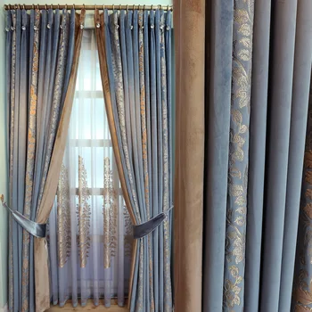  Высокоточные французские бархатные шторы для гостиной и спальни Позолоченная вышивка Сращивание Цвет Штора Золотой Принт Высокоточный